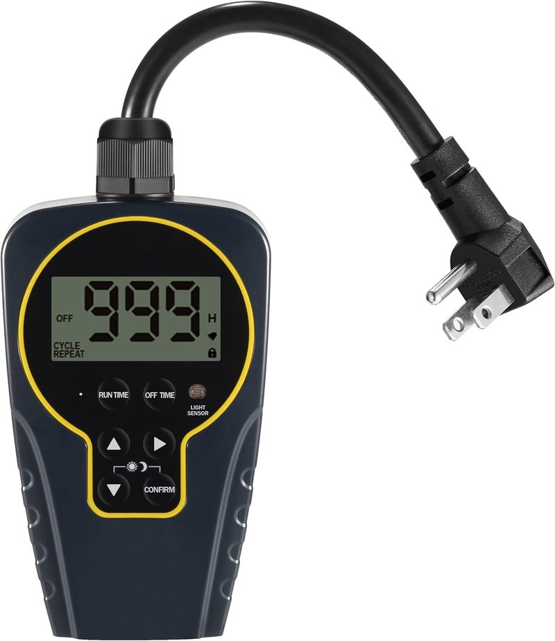 Techbee 1 s to 999 h Short/Long On-Off Interval Repeat Cycle Timer Plug Outlet with Countdown and Light Sensor, Waterproof for Outdoor (15A 1HP) - Image 1